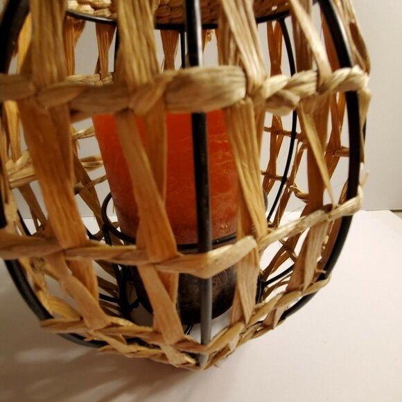 Rustic Woven And Metal Candle Holder With Candle - Picture 4 of 6